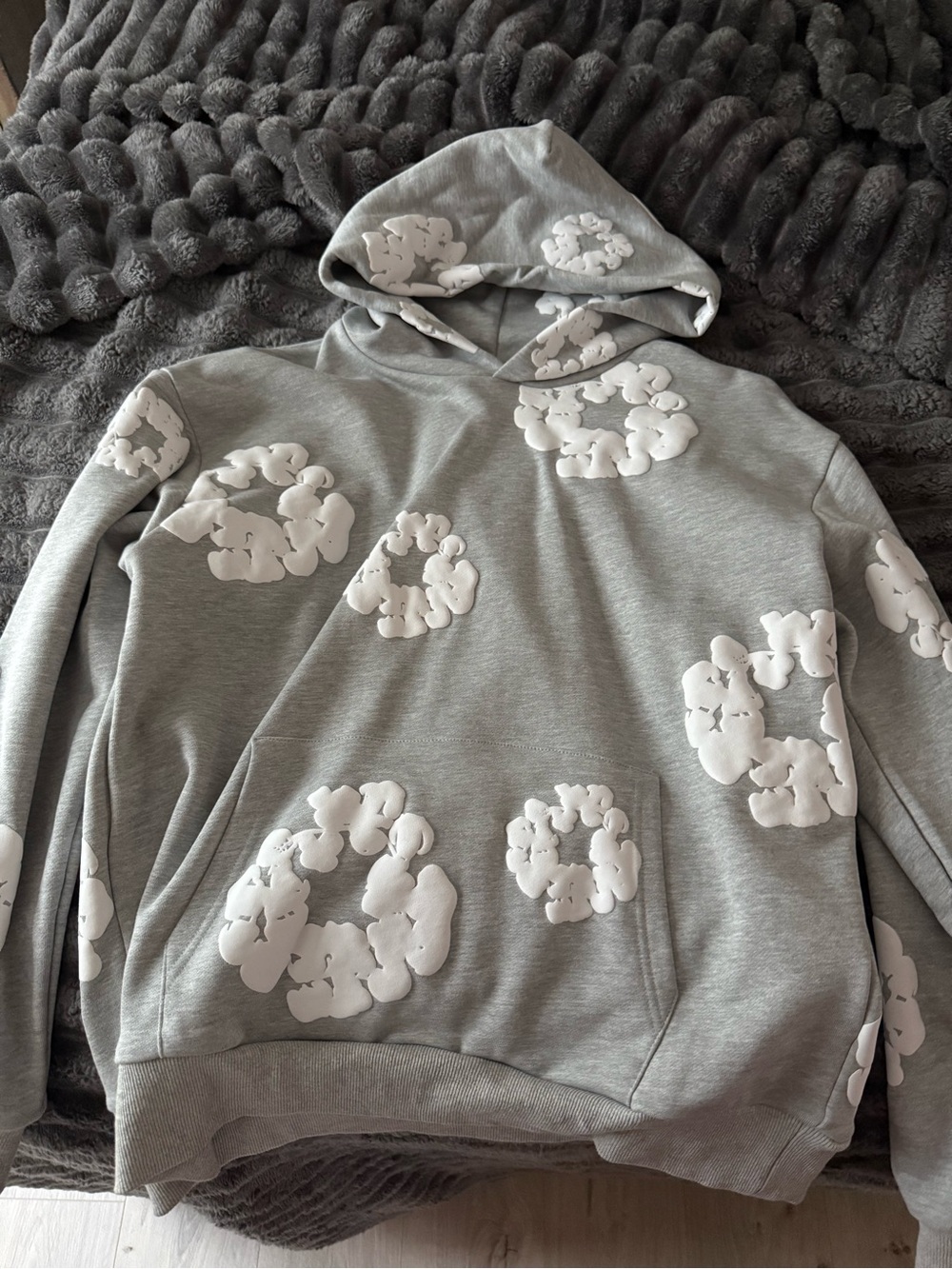 Gray Pullover Hoodie with White Floral Clusters